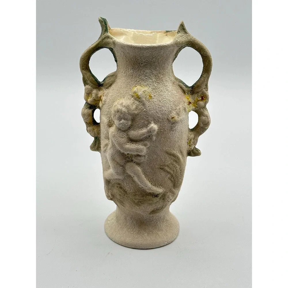 Vintage MAM Hand Signed Cherub Sand Textured Pottery Vase Cream Green 6in